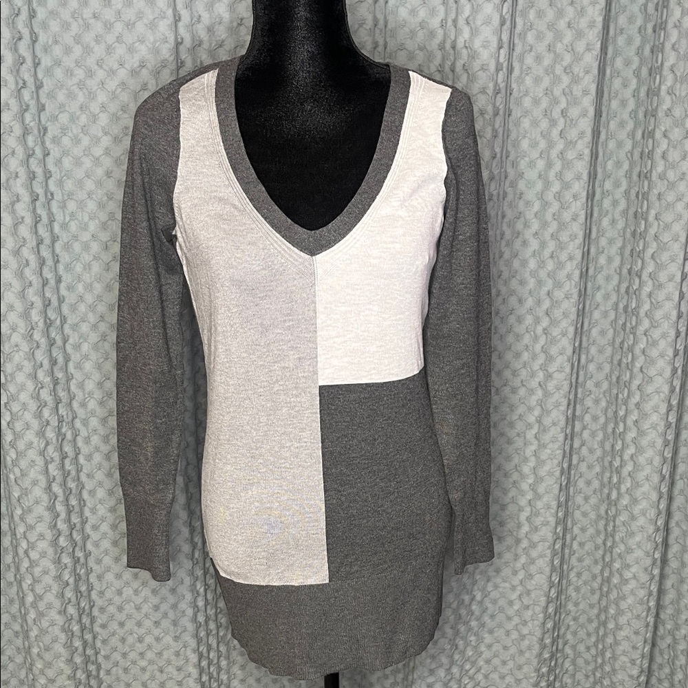 Gray and White V-Neck Sweater